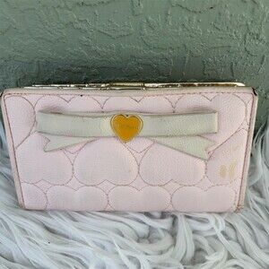 Betsey Johnson Wallet Womens One Size Pink Heart Quilted Zip-Around Bow